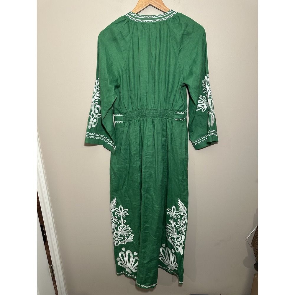 Boden Una Linen Embroidered Maxi Dress US Sz 6 R Green Embroidered Pockets - Picture 5 of 7